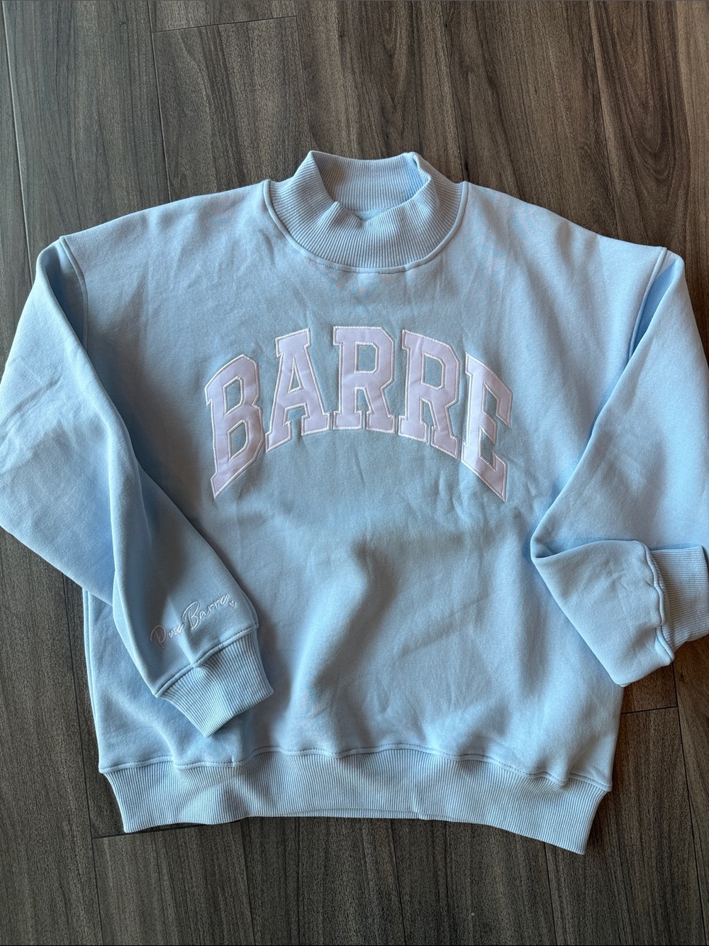 NWT Pure Barre Light Blue Cowl-Neck Sweatshirt with White Appliqué